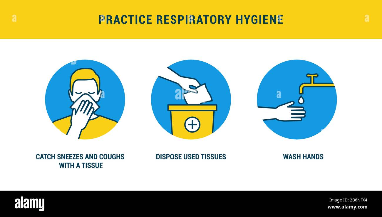 Praticare l'igiene respiratoria utilizzando i tessuti per catturare tosse e lavarsi le mani, prevenzione covid-19 Illustrazione Vettoriale