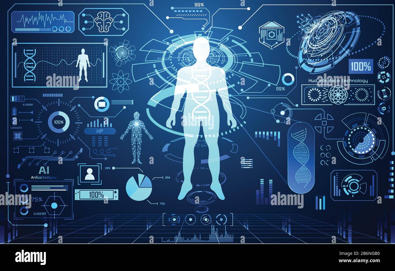 Tecnologia astratta ui concept futuristico hud ologramma interfaccia di elementi di dati digitali grafico, di comunicazione, di calcolo,corpo umano digital health ca Illustrazione Vettoriale