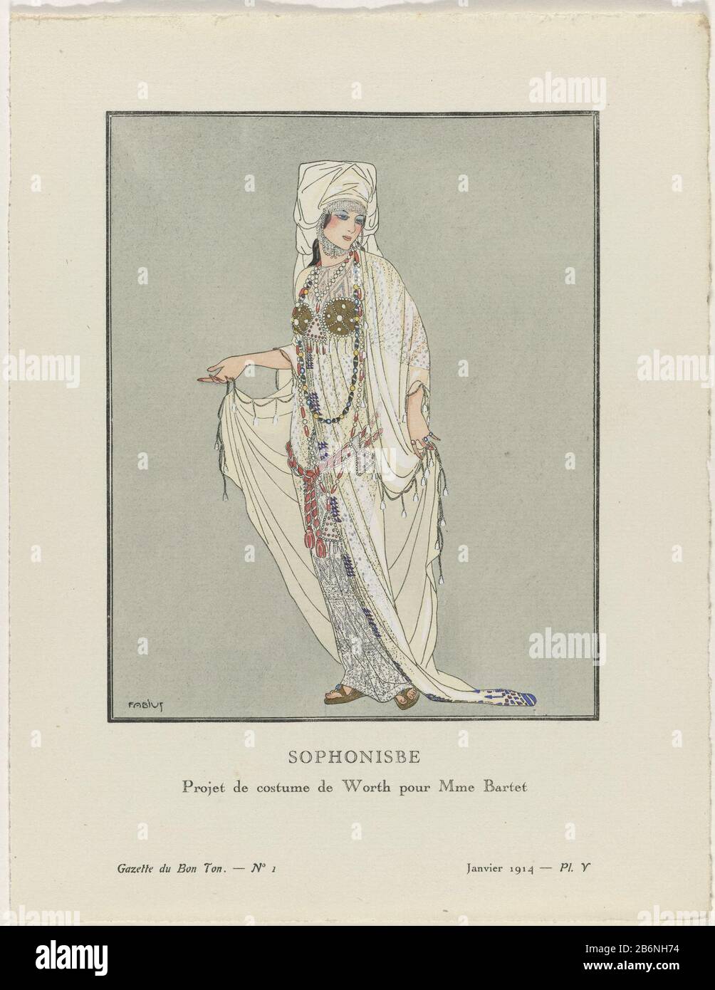 Gazette du Bon Ton, 1914, No 1, Pl V Sophonisbe Projet de Costume de Worth pour Mme Bartet (titel op Object) Vestito da teatro, progettato da Worth, per l'attrice Bartet nel ruolo di Sophonisba. Planche V da Gazette du Bon Ton, 1914, n. 1. Planche 1. Capire i vestiti sulla pagina Espizio des planches. Produttore : progettare: Fabius (edificio elencato) printmaker: Anonymous fashion house: Worth (edificio elencato) Direttore: Lucien Vogel Editore: Emile Lévyuitgever A. Dillacdrukker: G . Kadar Place manufacture: Fashion house: Paris Director: Théâtre des Folies-Marignyuitgever: Théâtre de Foto Stock