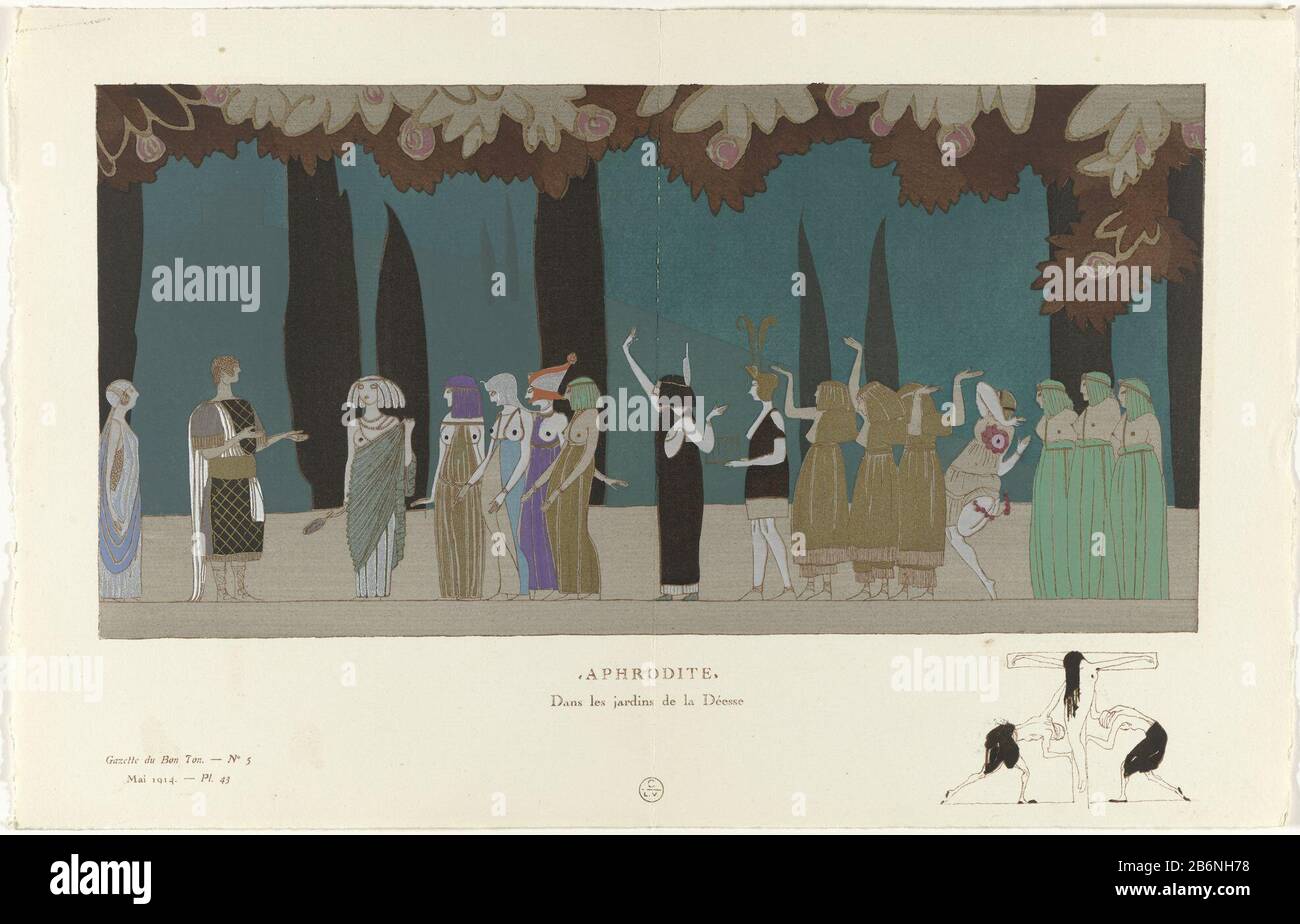 Scena dal gioco Aphrodite di Pierre Frontdaie il romanzo di Pierre Louÿs. Il pezzo è stato eseguito dal Théâtre de la Renaissance con decorazioni e costumi Ronsin da Paul Poiret. Planche 43 di Gazette du Bon Ton, 1914, n. 5. Capire i vestiti sulla pagina Espizio des planches. Produttore : per progettare: Charles Martin (edificio elencato) printmaker: Anonymous fashion designer Paul Poiretuitgever Lucien Vogel (edificio elencato) Editore: Paul Cassireruitgever: Heineman Editore: Jacques Povolozkydrukker: G . Kadar Place manufacture: Editore: Paris Editore: Berlin Editore: London P. Foto Stock