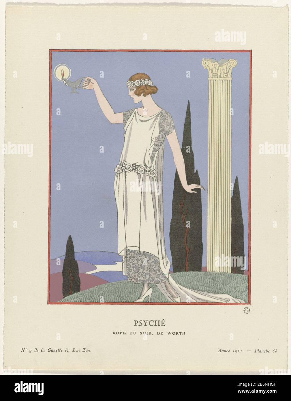 Donna come Psyché, in piedi su una collina, con una lampada a olio in fiamme nella mano destra. Indossa un abito da sera bianco di crepe e pizzi, Vale la pena. Garland in lei. Planche 68 da Gazette du Bon Ton, 1921, n. 9. Capire i vestiti sulla pagina Espizio des Planches Hors-Texte. Contenues dans le numéro 9. Produttore : Designed by George Barbier Print autore: Anonymous fashion house: Worth (listed building) publisher Lucien Vogel (listed building) publisher: Condé Nast Publisher: Naville et Cieuitgever: Condé Nast et Co Ltduitgever: Rodriguez Giles & Ciadrukker: Imprimerie Studium Pl Foto Stock