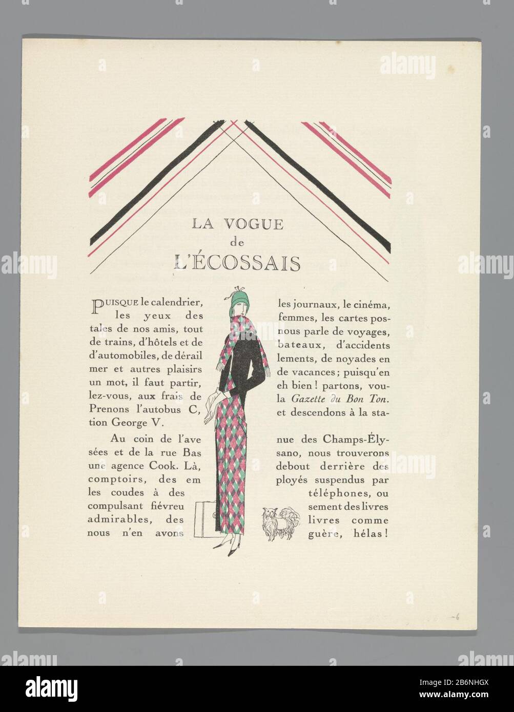 Titolo la Vogue de l'Ecossais (moda scozzese) testo e illustrazione come  una giovane donna in gonna lunga in tartan; sciarpa di ditto. Accanto a lei  una valigia e un piccolo hond. Produttore :