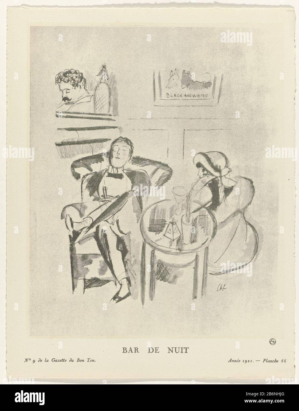 Gazette du Bon Ton, 1921 - No 9, Pl 66 Bar de nuit (titel op Object) Man. Seduta con le gambe l'una intorno all'altra, in un tuxedo. Sigaro in mano. Oltre ad esso, una donna, vista dalla parte posteriore, ha sulla sua testa una cloche (cappello di cloche). Dietro il bar un uomo che dorme. Planche 66 di Gazette du Bon Ton, 1921, 9. Spiegare l'immagine sulla pagina Spiega planches Hors-Texte. Contenues dans le numéro 9. Produttore : Designed by Charles Laborde (listed building) printmaker: Anonymous publisher Lucien Vogel (listed building) publisher: Condé Nast Publisher Editore: Naville et Cieuitgever: Condé N Foto Stock