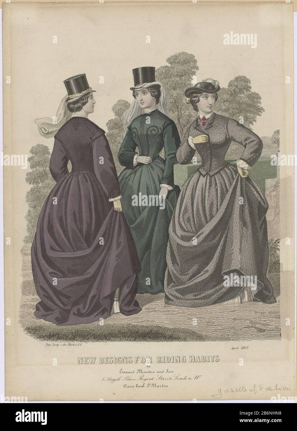 Gazette of Fashion, nuovi disegni per le abitudini di equitazione, aprile  1862 Tre donne negli ultimi disegni per i costumi o rijkostuums amazon  nell'aprile 1862. Due indossano un cappello con velo. L'altro