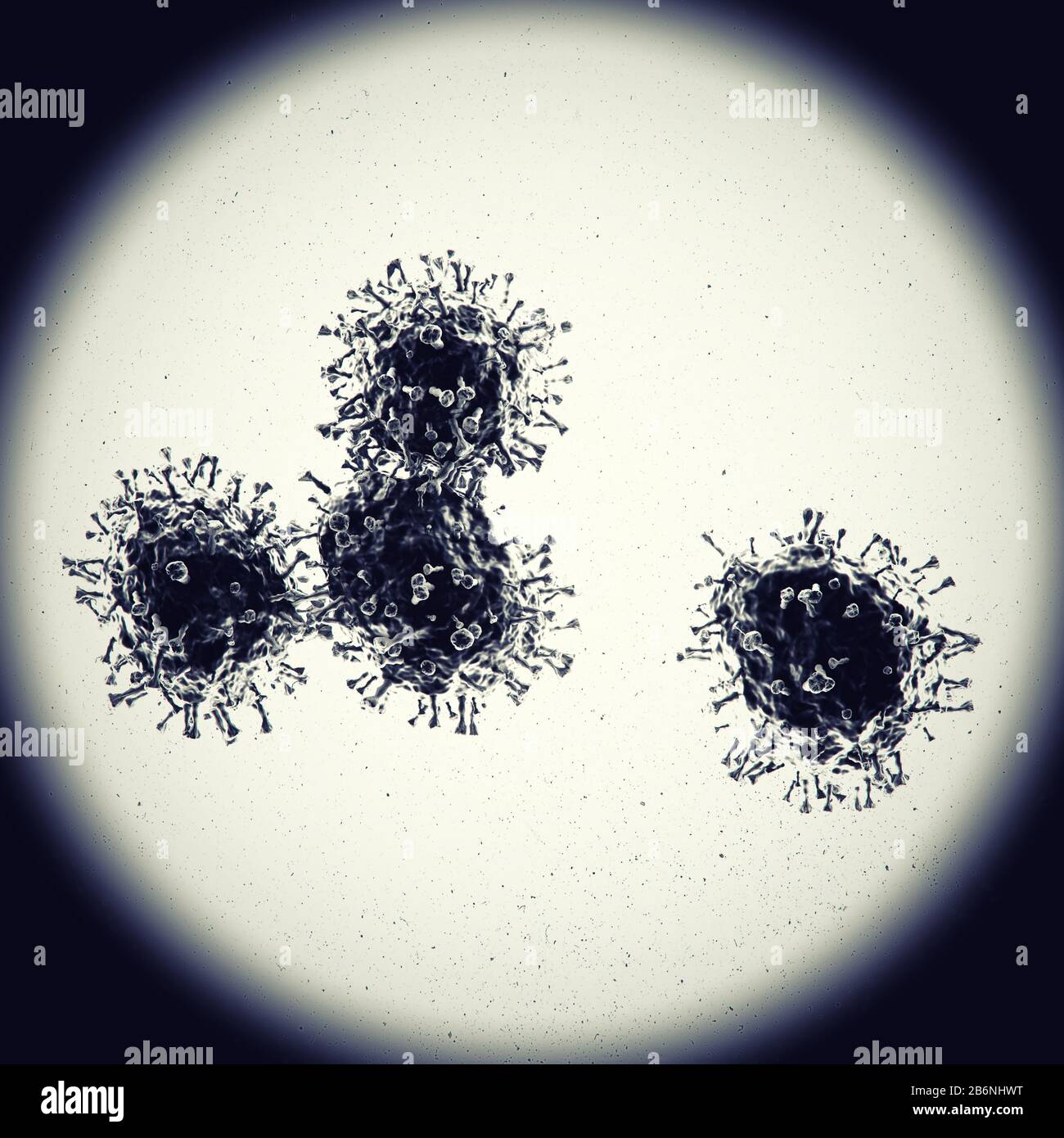 Virus Corona al microscopio, rendering 3D Foto Stock