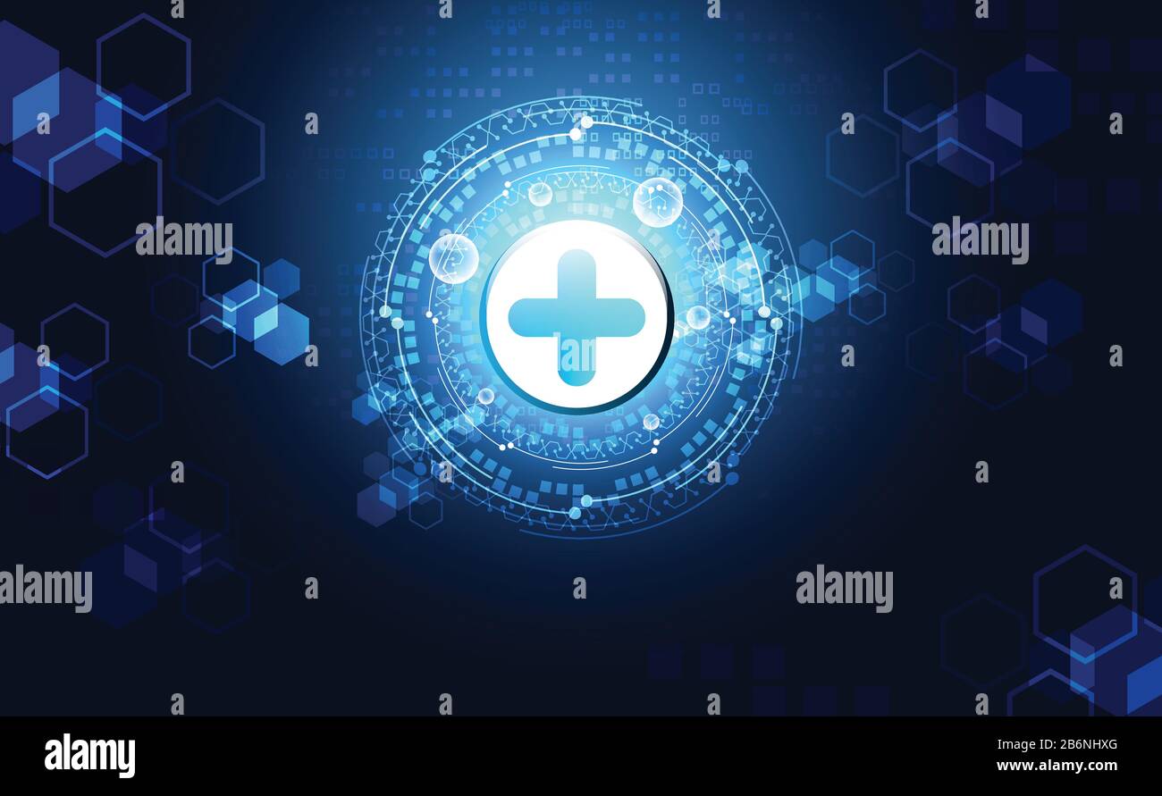 La scienza astratta della salute consiste in salute più tecnologia digitale concetto di moderna tecnologia medica, Trattamento, medicina su hi tech futuro sfondo blu Illustrazione Vettoriale