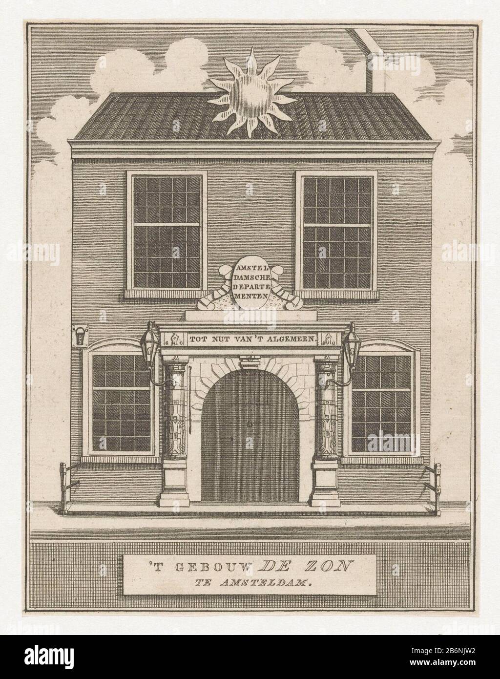 Gebouw de Zon ad Amsterdam 'T gebouw De Zon te Amsteldam (titel op object) Façade di costruire il Sole che dal 1801 al 1823 in uso era da parte della Società per il beneficio di generalmente ed ex una chiesa Battista era. Produttore : stampatore: Anonymous date: 1801 - 1823 Caratteristiche Fisiche: Acquaforte materiale: Carta Tecnica: Acquaforte dimensioni: Foglio: H 169 mm (taglio Interno bordo piastra.) × W 130 mm (taglio flangia.) Oggetto: façade (o casa o edificio) Dove: Amsterdam Foto Stock