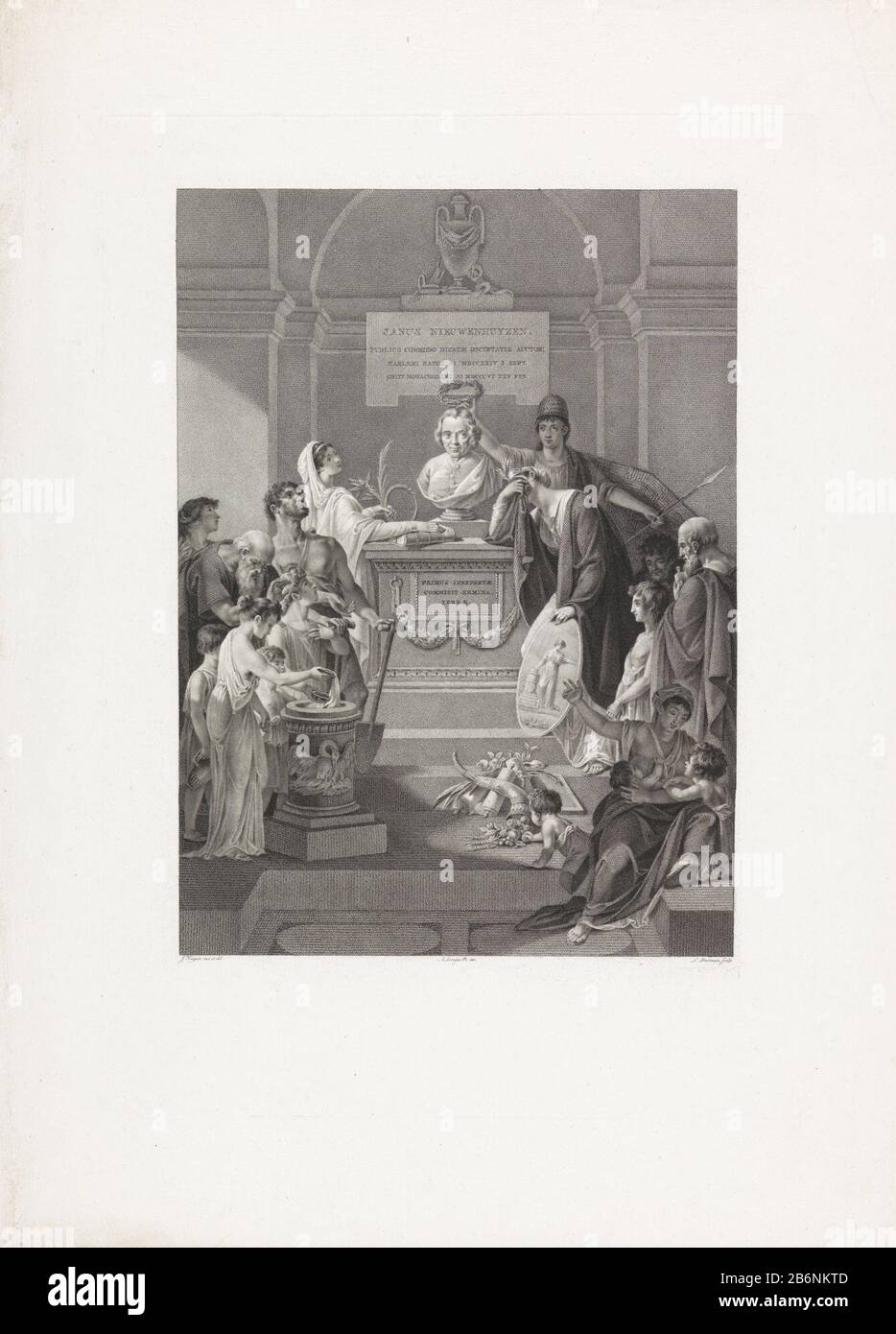 Gedenkteken voor Jan Nieuwenhuyzen, 1806 Memoriale Allegorico per il defunto il 24 febbraio 1806 Jan Nieuwenhuyzen, fondatore della Società per il Generale del Welfare pubblico. Tomba con busto del defunto, circondata da figure allegoriche e altri. Il diritto della personificazione aziendale con lo scudo dell'Azienda. Sullo sfondo l'olandese incoronato Virgin busto con un giuramento di eikenloof. Produttore : stampatore: Ludwig Gottlieb Portman (edificio elencato) per disegno di Jacques Kuyper (edificio elencato) editore: Adriaan Pietersz. Loosjes (indicato sull'oggetto) Luogo produzione Foto Stock
