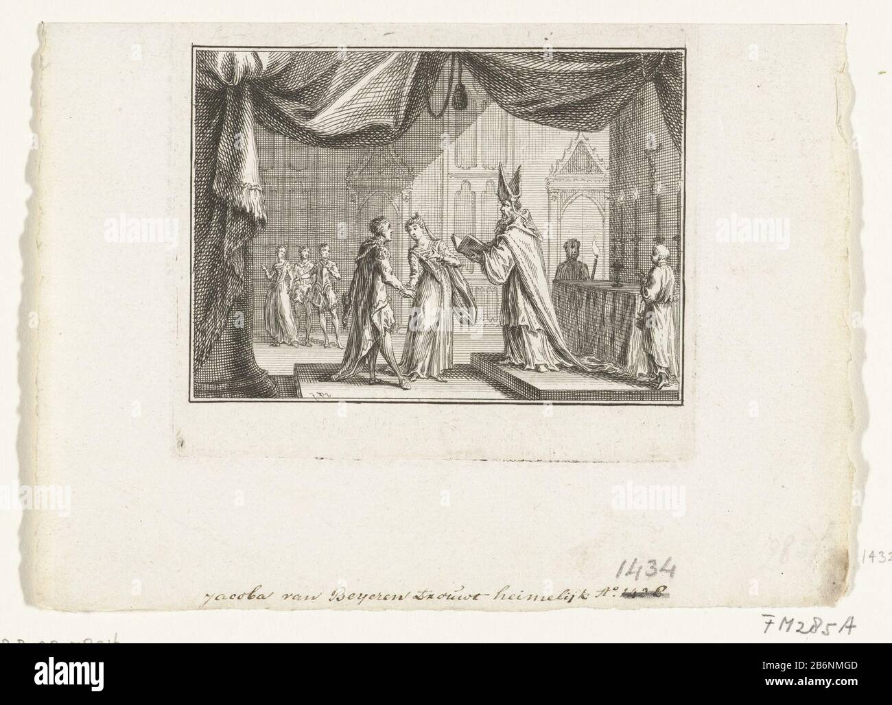 Geheime huwelijk van Jacoba van Beieren en en Frank van Borselen, 1432 il matrimonio Segreto di Jacoba di Baviera e Frank Borselen estate 1432. All'interno della chiesa c'è la coppia per un vescovo all'altare con un boek aperto. Produttore : stampatore Simon Fokke (Proprietà elencata) Luogo di produzione: Nord Paesi Bassi Data: 1722 - 1784 caratteristiche Fisiche: Acquaforte materiale: Carta Tecnica : acquaforte dimensioni: Carta: 91 mm h (taglio superiore, stampato da una piastra più grande Dove: Si trovava su prestazioni multiple) b × 108 mmToelichtingIllustratie per: JW In Acqua, la storia patria del Signore Foto Stock