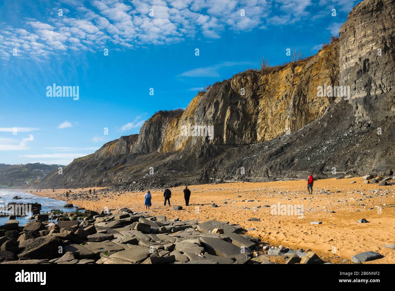 Charmmouth, Dorset, Regno Unito. 11th marzo 2020. Meteo Regno Unito. Glorioso sole primaverile sulla spiaggia di Charmmouth a Dorset con le scogliere di Stonebarrow che mostrano molte frane dal recente tempo piovoso umido che ha attratto visitatori a seach per fossili. Foto Di Credito: Graham Hunt/Alamy Live News Foto Stock