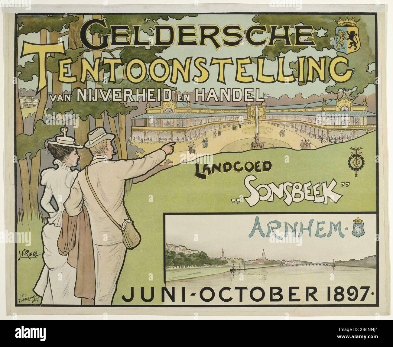 Geldersche Tentoonstelling van Nijverheid en Handel Landgoed Sonsbeek juni-ottobre 1897 (titel op object) in primo piano a sinistra sono un uomo e una donna. Si affacciano sull'edificio espositivo di Sonsbeekpark. Produttore : progettista: Jan Rinke Data: 1897 caratteristiche Fisiche: Litografia materiale: Carta Tecnica: Litografia (tecnica) dimensioni: Foglio: H 770 mm × W 950 mm Foto Stock