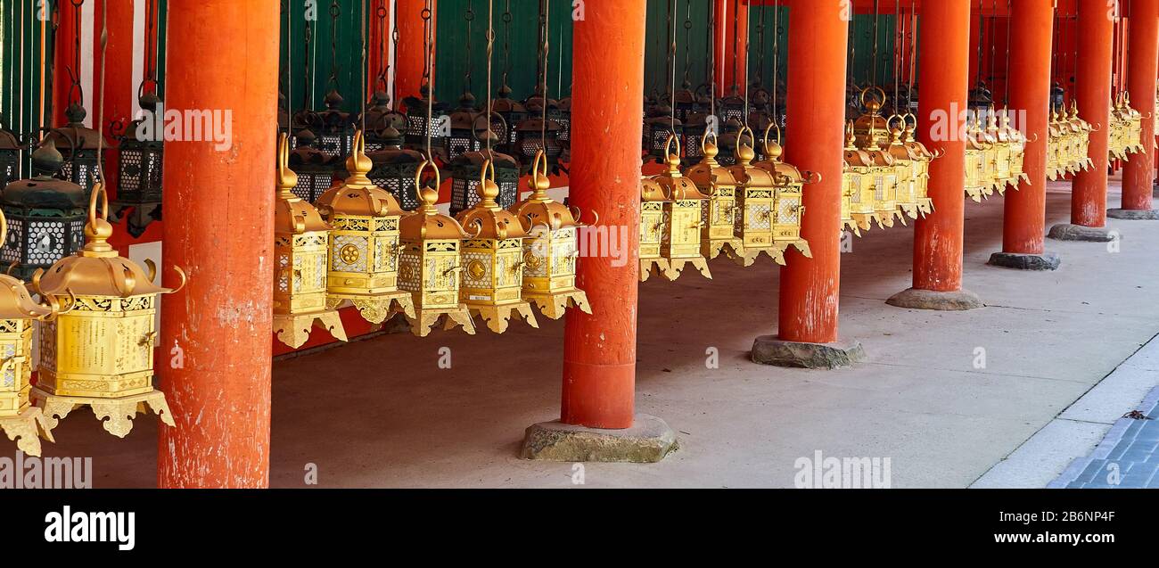 Una fila di lanterne giapponesi dorate nel santuario Kasuga-Taisha a Nara. Foto Stock