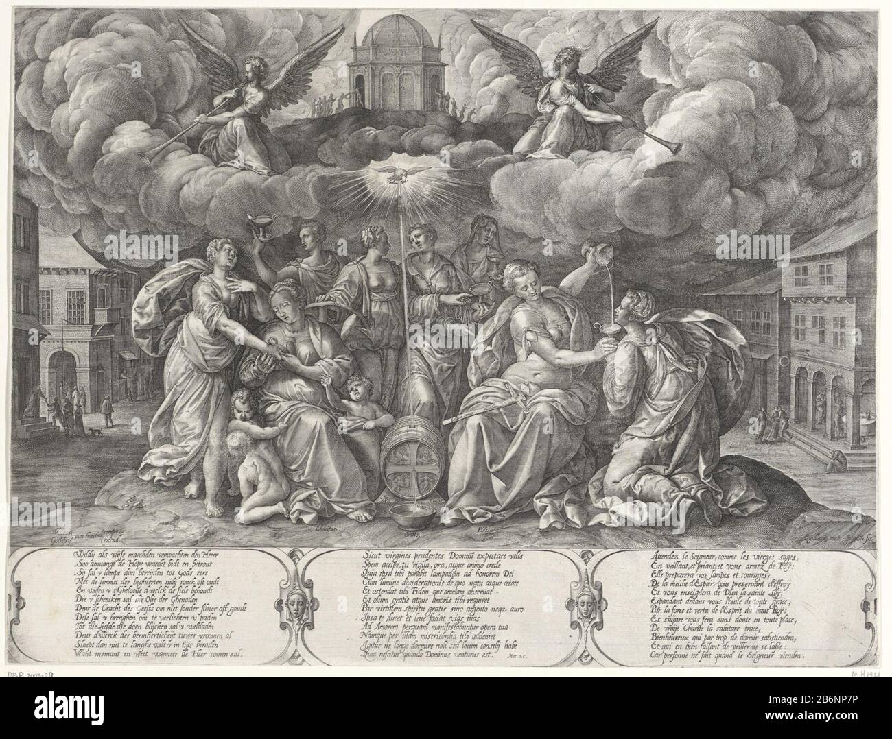 Gelijkenis van de vijf wijze en de vijf dwaze maaggen, vergezeld porta de drie goddelijke deugden le cinque vergini sapienti sono accompagnate dalle tre virtù teologiche. L'amore tiene la mano di uno di loro. La fede ha dato il suo calice vuoto nel calice di una vergine inginocchiata. Nella Speranza centrale. Sopra di loro, lo Spirito Santo sotto forma di colomba. La colomba riempie il serbatoio di liquido. Nelle nuvole annunciare due angeli l'arrivo dello sposo soffiando la tromba. L'intero tempio superiore Cristo riceve le cinque vergini sapienti. Le cinque vergini stolte nel tempio fuori dal lato destro chiuse. Nel backg Foto Stock