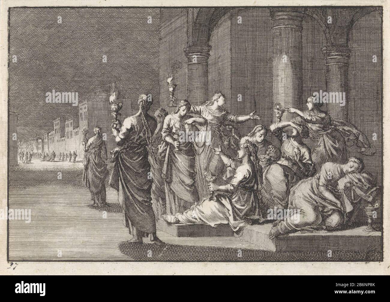Gelijkenis van de vijf wijze en de vijf dwaze maagden Parabola dei cinque saggi e cinque vergini stolti tipo di oggetto: Stampa n° di serie 37 / numero articolo: RP-P-OB-45.112Catalogusreferentie: Van Eeghen 3067 Iscrizioni / marchi: Collector's mark, reverse bottom center, timbrato: Lugt 2228 Produttore: Jan Luyken Editore: Pieter Mortier (i) Luogo di produzione: Stampatore: Haarlem Editore: Amsterdam Data: 1703 caratteristiche Fisiche: Incisione; materiale di prova: Tecnica della carta: Incisione dimensioni: Foglio: H 111 mm × W 158 mmToelichtingProefdruk un'illustrazione del libro per David Martin. Storia Foto Stock