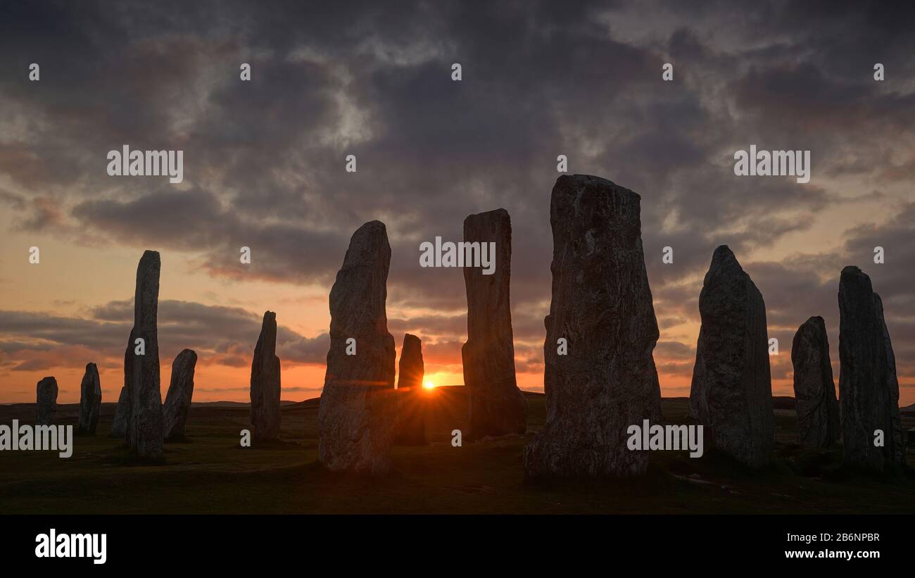 Europa, Schottland, Grossbritannien, Inghilterra, Insel Lewis, Sonnenuntergang, Abendstimmung, Monolithen, Callanish, Stones If Callanish, Foto Stock