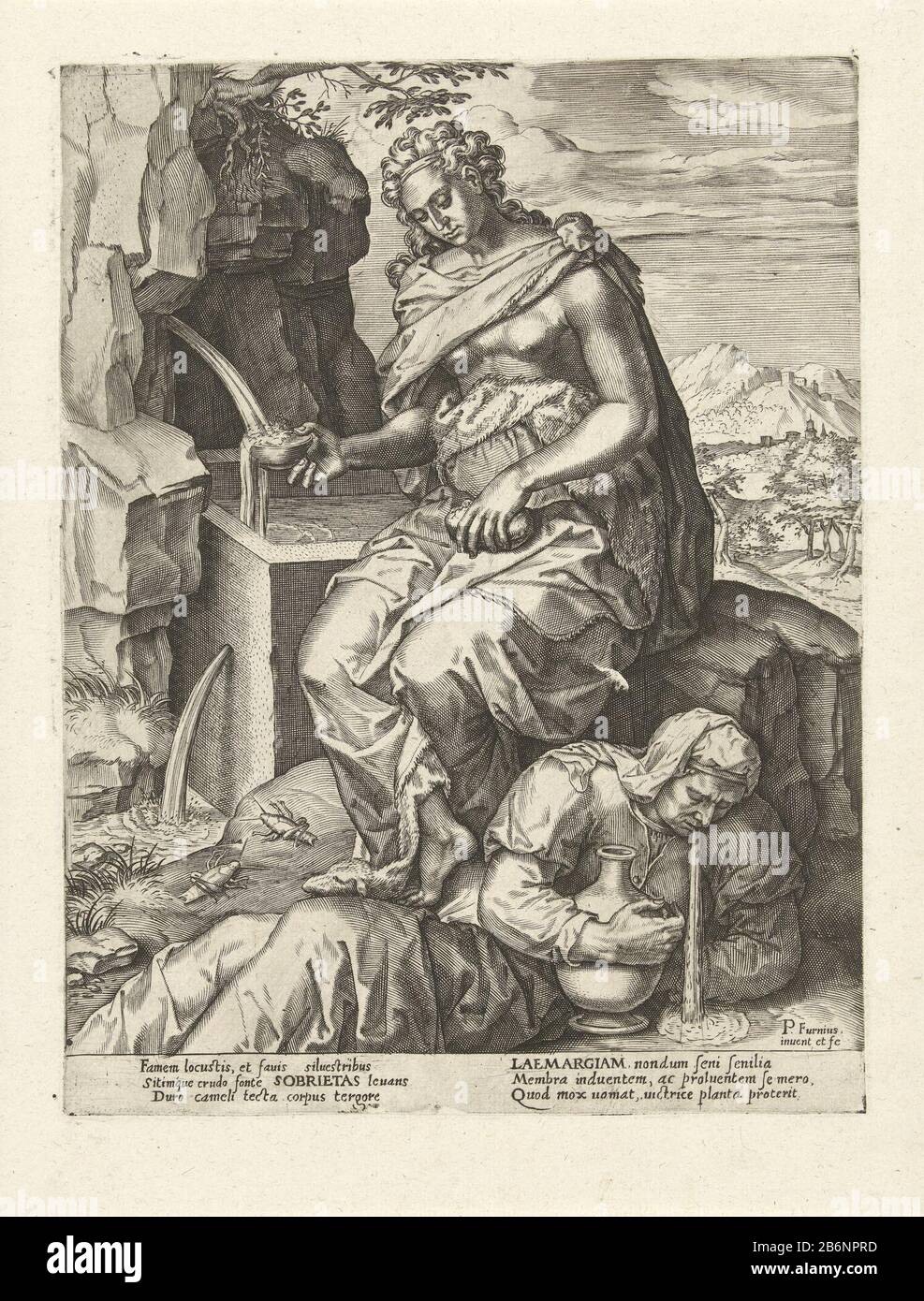 Gematigdheid overwint Gulzigheid Zeven deugden en zeven ondeugden (seriettel) ad una fonte riempie la personificazione Della Sobrietà (Sobietas) un contenitore d'acqua e guardando giù i suoi piedi situato personificazione di Gluttony (Laemargiam) sdraiato sul pavimento nelle sue braccia con una bottiglia di vino vomito. L'immagine ha una didascalia latina ed è parte di una serie di virtù e ondeugden. Produttore : stampatore Pieter Jalhea Furnio (edificio elencato) nel suo disegno: Pieter Jalhea Furnio (edificio elencato) Datato: 1550 - 1625 caratteristiche Fisiche: Engra materiale: Carta Tecnica: Engra (processo di stampa) di Foto Stock