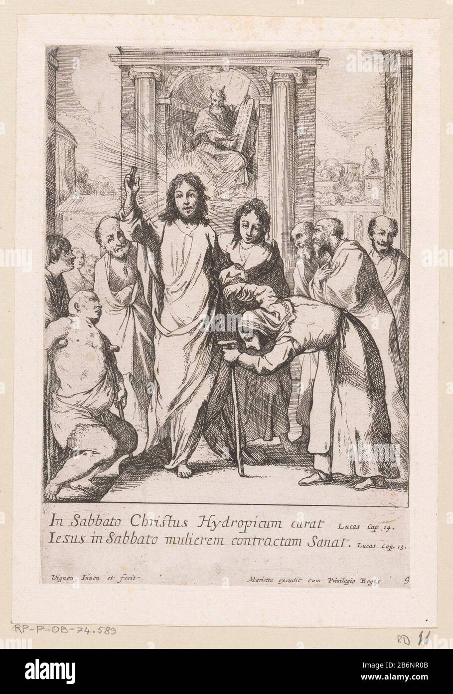 Genezing van de lamme man en de kromme vrouw op sabbat Miracula Domini nostri Jesu Christi (seriettel) Wonderen van Christus (seriettel) Healing the lame man and the curve woman sabbatMiracula Domini nostri Jesu Christi (series title) Miracles of Christ (series title) Property Type: Print Serial: 9Objectnummer: RP-P-Cataloge-5894.58977 Robert-Dumesnil 11-1 (2) LeBlanc 11-1 (2) Segni / marchi: Collector's mark, vero, stampato: Lugt 240 Produttore : printmaker Claude Vignon (edificio elencato) nel suo disegno: Claude Vignon (edificio elencato) editore: Pierre Mariette (i) (bu elencato Foto Stock