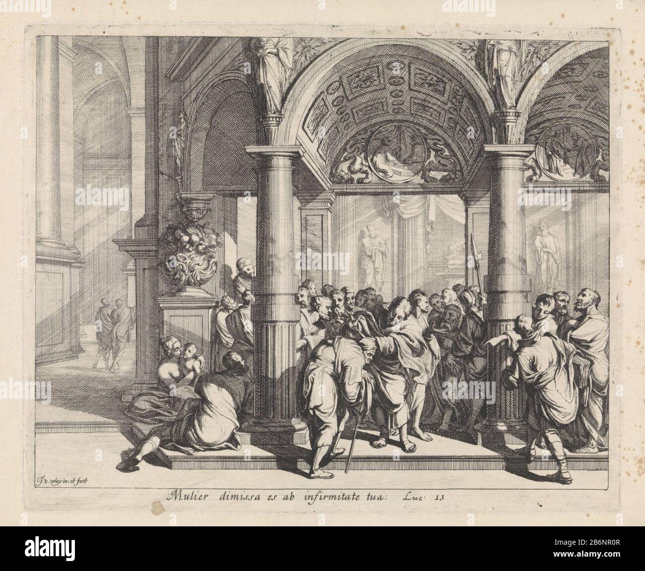 Cristo nel Sabbath per entrare nel tempio per insegnare. Una donna posseduta viene a Lui ed è guarita da Cristo. I discepoli e gli studiosi del tempio entrano in una discussione sulla guarigione dei malati nel Sabbath. Sotto l'immagine un versetto latino di Luca. 13. Produttore : printmaker Jan van Orley (listed building) nel suo design: Jan van Orley (listed property) Luogo produzione: Bruxelles Data: CA. 1685 - Caratteristiche 1700 Fisico: Incisione ed engra materiale: Carta Tecnica: Incisione / engra (processo di stampa) dimensioni: Bordo lastra: H 210 mm × W 260 mmToelichtingPrent da una serie di 28 pr Foto Stock