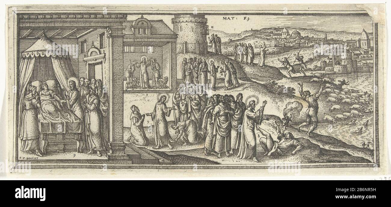 Genezingen van Christus Bijbelse taferelen (seriettel) Varie scene del vangelo di Matteo dove Cristo guarisce la gente. Le scene sono numerate passaggio. A sinistra della foto, Cristo, figlia del capo della sinagoga, ritorna in vita (Matteo 9:25). Nel mezzo della foto Cristo guarisce una donna che ha otto anni di perdita di sangue sofferto (Matteo 9, 20-22). Egli guida i demoni dai corpi di due uomini posseduti. I demoni scatenati inseguono allora un gregge di maiali nell'acqua (Matteo 8:28-34). Sullo sfondo Cristo guarisce due ciechi (Matteo 9,27-30) e Giovanni il Baptis Foto Stock