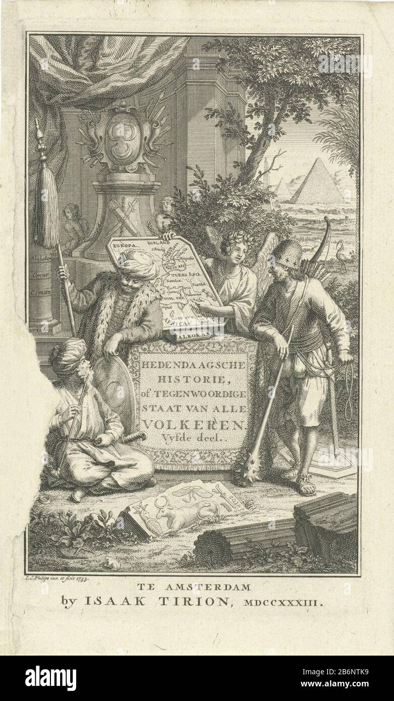 Geschiedenis toont een landkaart van het Turkse Rijk Titelpagina voor Thomas Salmon, Hedendaagsche istorie, di Tegenwoordige staat van alle volkeren, 1733 nicchia architettonica Dove: Nelle braccia dell'Impero turco su un piedistallo. La storia mostra una mappa Turk dell'Impero Turco. In primo piano antiche antichità. Su un piedistallo il titolo in olandese. Sullo sfondo, un paesaggio con piramidi. Produttore : printmaker Jan Caspar Philips (edificio elencato) nel suo design: Jan Caspar Philips (edificio elencato) Editore: Isaak Tirion (immobile elencato) Luogo di produzione: Amsterdam Data: 1733 Phy Foto Stock