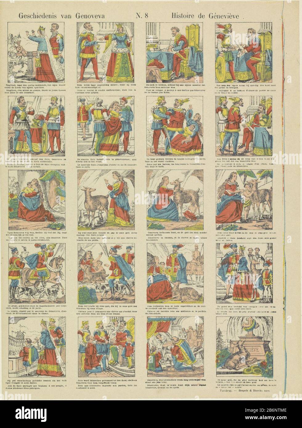 Foglia con 20 spettacoli sulla vita di Genoveva del Brabante. Sotto ogni foto una didascalia in olandese e francese. Numerato in alto al centro: N. 8. Produttore : Editore: Brepols & Dierckx son (edificio elencato) printmaker: Anonymous Place manufacturing Turnhout dating: 1833 - 1911 caratteristiche Fisiche: Litografia a colori in giallo, blu, rosa e rosso; testo materiale di stampa: Tecnica della carta: Litografia a colori (processo) / formati di stampa: Foglio: H 392 mm × W 296 mm Oggetto: Genoveva Foto Stock