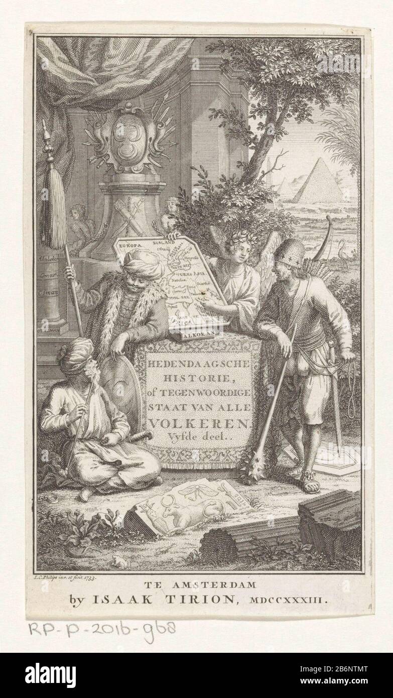 Geschiedenis toont een landkaart van het Turkse Rijk Titelpagina voor Thomas Salmon, Hedendaagsche istorie di tegenwoordige staat van alle volkeren, V Deel, 1733 nicchia architettonica Dove: Nelle braccia dell'Impero turco su un piedistallo. La storia mostra una mappa Turk dell'Impero Turco. In primo piano antiche antichità. Su un piedistallo il titolo in olandese. Sullo sfondo, un paesaggio con piramidi. Produttore : stampatore Jan Caspar Philips (edificio elencato) nel suo disegno: Jan Caspar Philips (edificio elencato) Editore: Isaak Tirion (immobile elencato) Luogo di produzione: Amsterdam Data: 1 Foto Stock
