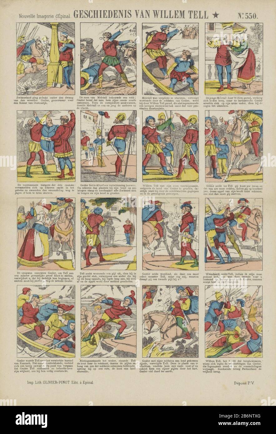 Geschiedenis van Willem Tell (titel op object) Nouvelle immaginerie d'Epinal (seriettel op object) Storia di William Tell (title object) Nouvelle immaginerie d'Epinal (series title object) Tipo Di Proprietà: Stampa persone numero dell'articolo: RP-P-OB-201.088 Iscrizioni / marchi: Collector mark, vero, timbrato: Lugt 2760octrooivermelding descrizione stampata: Foglia con 16 scene della vita di William Tell. Sotto ogni mostra una didascalia in olandese. Numerato in alto a destra: N. 550. Produttore : Editore: Olivier Pinot (edificio elencato) printmaker: Anonymous place manufactured: Publisher: Épinalprentmaker Eur Foto Stock