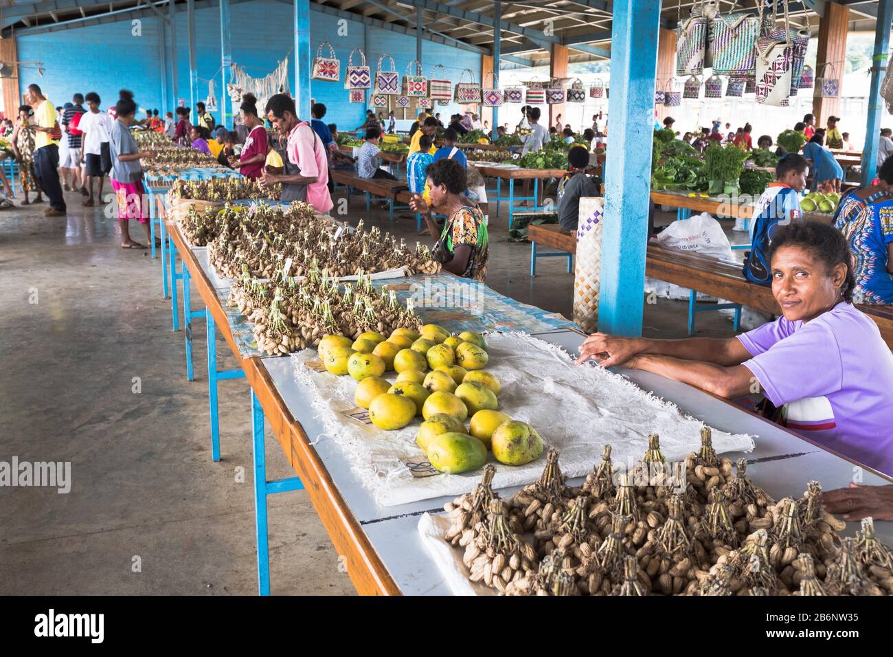 dh PNG Market economy ALOTAU PAPUA NUOVA GUINEA Native donna a frutta orto bancarella verdure alimentare venditore Foto Stock