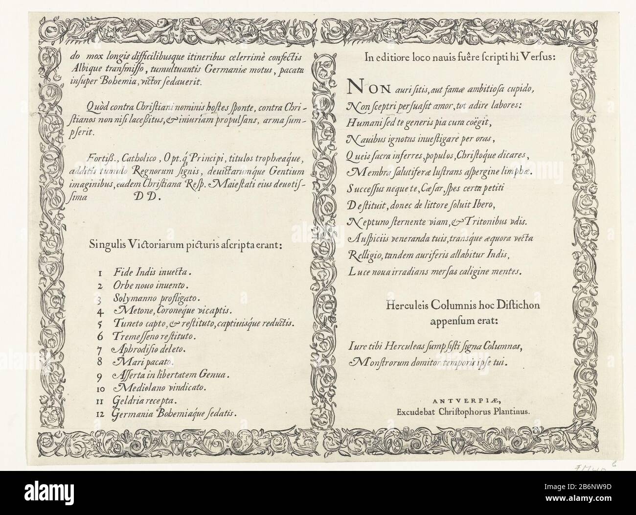 Geschreven kopie naar het Latijnse onderschrift bij de prent van het schip Victoria, prent nr 5 in de begrenisopto van Karel V, 1558 copia Scritta alla didascalia latina sotto la foto della nave Victoria, figura 5 nella processione funebre di Carlo V il 29 dicembre 1558, Per rivolgersi a Christoffel Plantin ad Anversa. Con randen ornamentale. Produttore : autore: Anonimo Data: 1700 - 1899 caratteristiche Fisiche: Penna in materiale nero: Carta tecnica d'inchiostro: Penna dimensioni: Carta: H 254 mm × W 333 mm Oggetto: Sepoltura Processione di Karel Varel Wareer: 1558-12-29 - 1558-12- 29 Foto Stock