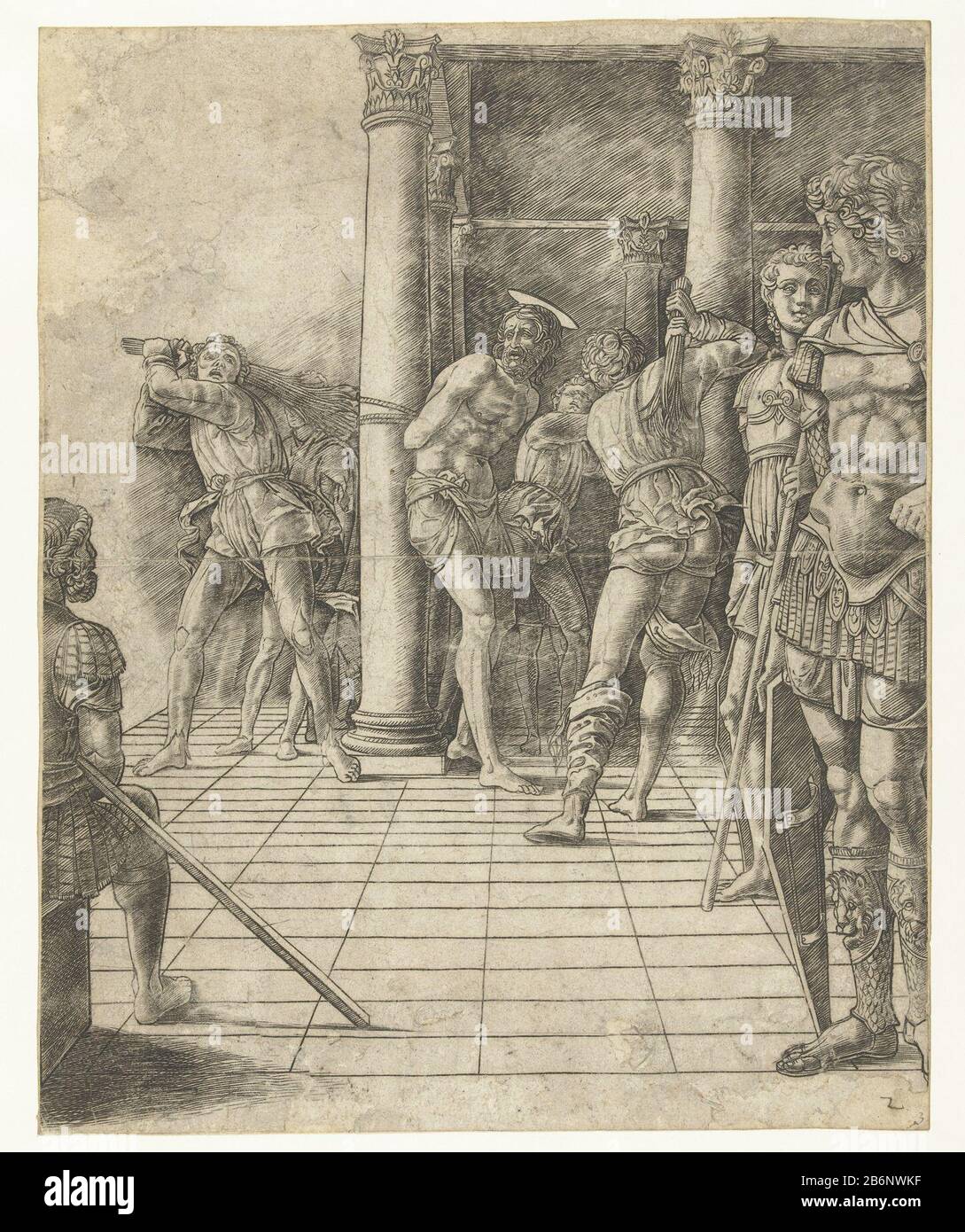 Geseling van Christus Cristo è legato ad un pilastro in un colonnato. Tre soldati lo flagellarono con colpi. Lo spettacolo è incompiuto a sinistra sullo sfondo e sopra zuilengang. Produttore : stampatore: Andrea Mantegna (scuola) Designed by Andrea MantegnaPlats fabbricante: Italia Data: 1475 - 1480 caratteristiche Fisiche: Materiale per auto: Tecnica della carta: Engra (processo di stampa) dimensioni: Foglia : H 353 mm × W 284 mmle prestazioni di ToelichtingDe sembrano basarsi su una scena della serie Passion di Andrea Mantegna (vedi documentazione). Questo foglio è beschadigd pesante. Oggetto: Flagellazione da parte dei soldati, Chr Foto Stock Geseling van Christus Cristo è legato ad un pilastro in un colonnato. Tre soldati lo flagellarono con colpi. Lo spettacolo è incompiuto a sinistra sullo sfondo e sopra zuilengang. Produttore : stampatore: Andrea Mantegna (scuola) Designed by Andrea MantegnaPlats fabbricante: Italia Data: 1475 - 1480 caratteristiche Fisiche: Materiale per auto: Tecnica della carta: Engra (processo di stampa) dimensioni: Foglia : H 353 mm × W 284 mmle prestazioni di ToelichtingDe sembrano basarsi su una scena della serie Passion di Andrea Mantegna (vedi documentazione). Questo foglio è beschadigd pesante. Oggetto: Flagellazione da parte dei soldati, Chr Foto Stock