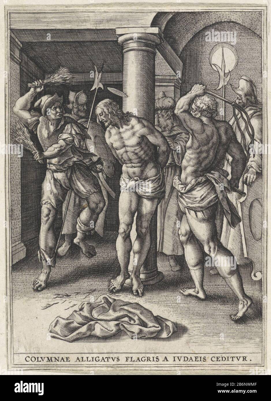Cristo è legato ad un pilastro. Ha foggato da soldati con fruste e verghe. Sotto un'unica linea di osservazioni in Latijn. Produttore : printmaker: Anonymous to design: Maerten The VosPlats manufacturing: Printmaker: Netherlands To design: Antwerp Data: 1560 - 1600 caratteristiche Fisiche: Car Material: Paper Technique: Engra (printing process) dimensioni: Foglio: H 136 mm b × 98 mm Oggetto: Flagellation by Soldiers, Christchurch Solitamente legato ad una colonna (Matteo 27:26; Marco 15:15; Giovanni 19:1) Foto Stock Cristo è legato ad un pilastro. Ha foggato da soldati con fruste e verghe. Sotto un'unica linea di osservazioni in Latijn. Produttore : printmaker: Anonymous to design: Maerten The VosPlats manufacturing: Printmaker: Netherlands To design: Antwerp Data: 1560 - 1600 caratteristiche Fisiche: Car Material: Paper Technique: Engra (printing process) dimensioni: Foglio: H 136 mm b × 98 mm Oggetto: Flagellation by Soldiers, Christchurch Solitamente legato ad una colonna (Matteo 27:26; Marco 15:15; Giovanni 19:1) Foto Stock