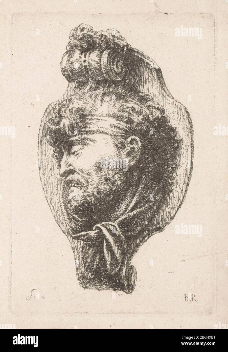 Gestorven krijger Mascarons en helmen (serietitel) un muraron con un uomo fascia e sciarpa, sinistra gedraaid. Produttore : stampatore: Christian Bernhard Rode (edificio elencato) per visualizzare: Andreas Schlüter (proprietà elencata) Luogo di produzione: Berlino Data: Caratteristiche o 1759 Fisico: Incisione, foglio non tagliato materiale: Tecnica della carta : dimensioni dell'incisione: Bordo della piastra: H 162 mm × W 110 mmToelichtingPrent fece le sculture di Andreas Schlüter nello Zeughaus (oggi Museo storico tedesco) di Berlino. Possibile immagine di: Rosso, Bernhard. Larvae nach den MODELLI di berühmten Schlüters gezeichnet i Foto Stock