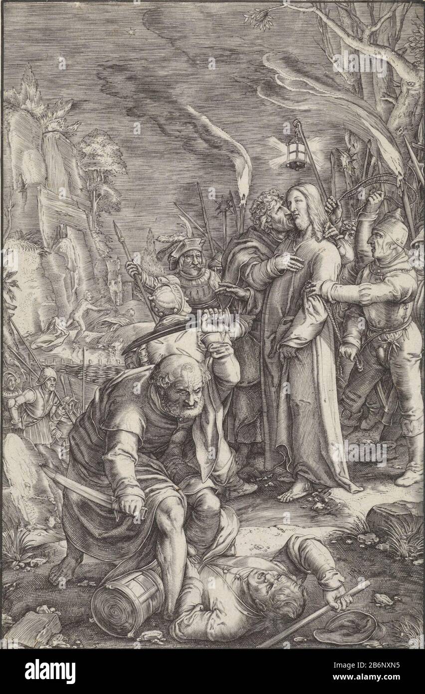 Gevangenneming van Christus De Passie (serietitel) Cristo è catturato dai soldati nel giardino del Getsemani. Giuda lo bacia sulla guancia. In primo piano Peter Malchus chops EAR af. Produttore : Ludovico Siceramprentmaker: Lucas Vorsterman (i) (Rejected attribution) da stampare da: Hendrick Goltzius Luogo produzione: Anversa Data: 1623 caratteristiche Fisiche: Materiale auto: Tecnica della carta: Engra (processo di stampa) dimensioni: Foglio: H 193 mm × W 128 mm Soggetto Pietro pesca la spada e taglia fuori Malchus' earThe bacio di Giuda: Accompagnato da soldati con torce e lanterne, bacia Chri Foto Stock