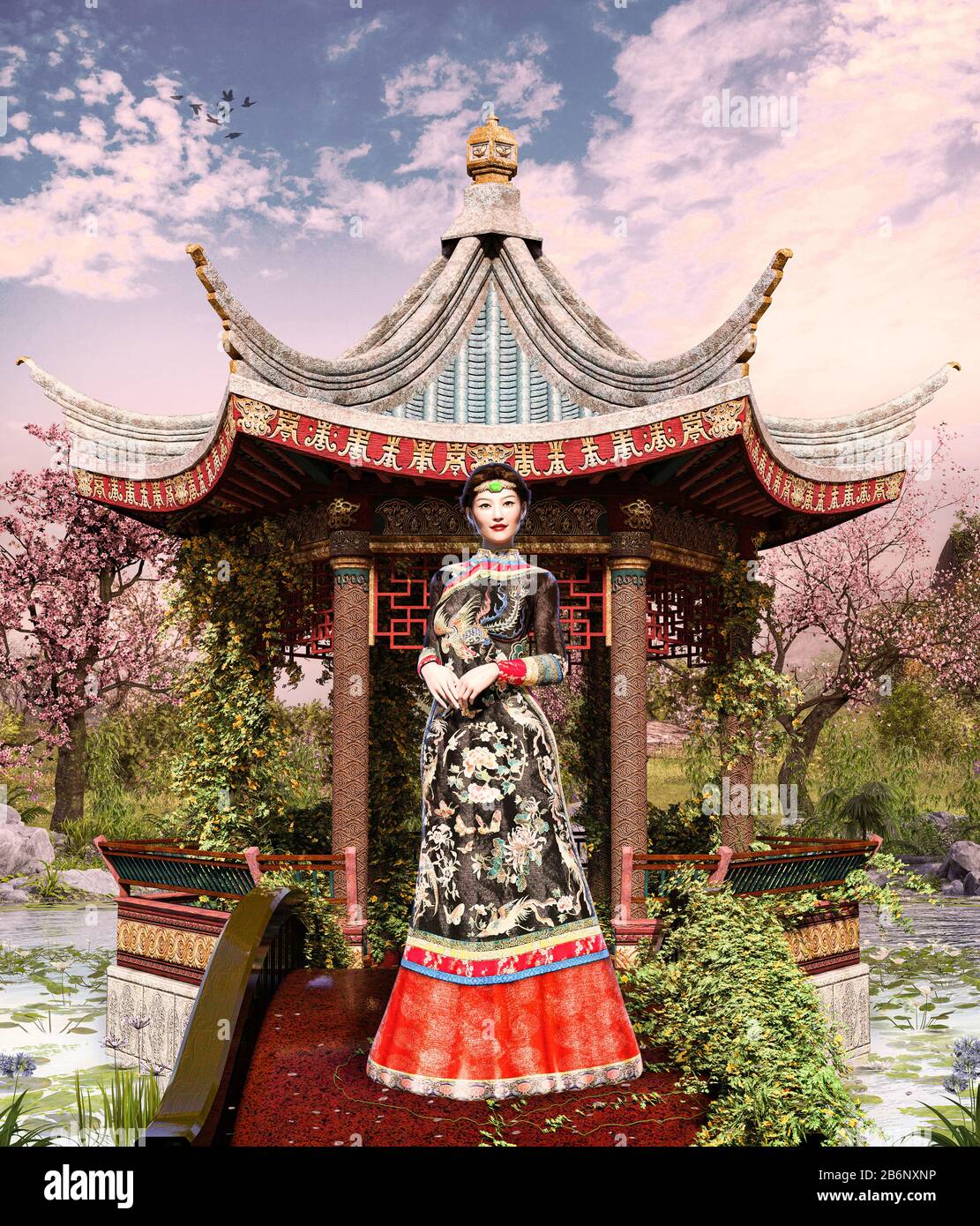 Bella principessa cinese Jade in un incantevole giardino asiatico classico  e cinese padiglione e stagno, paesaggio tradizionale, 3d rendering Foto  stock - Alamy