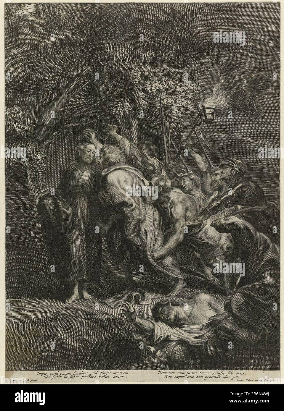 Gevangenneming van Jezus Judas tradisce Cristo da lui per baciare. Dietro di lui giunsero soldati con armi e una torcia per arrestare Cristo. A Simon Pietro sta per cadere Malchus ad un pesante d.. Nel margine una firma a quattro righe in Latijn. Produttore : printmaker: Anonymous printmaker Pieter de Bailiu (i) (attribuito a) alla pittura di Anthony van Dyck (edificio elencato) editore: Gaspar Huybrechts (proprietà elencata) Luogo produzione: Printmaker: Netherlands Editore: Anversa Data: 1661 - 1684 caratteristiche Fisiche: Materiale per auto: Tecnica della carta: Engra (processo di stampa) dimensioni: H 436 mm Foto Stock