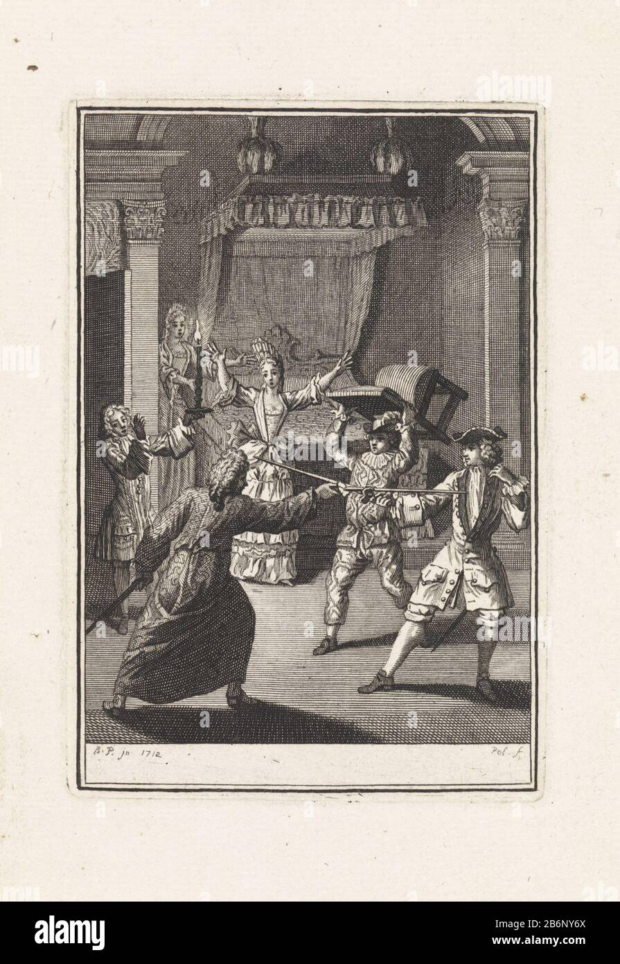 Lotta in superba pagina del titolo: Antoine le Metel d'Ouville, lo spookend weeuwtje. Blyspel, 1713 Oggetto tipo : stampa pagine titolo numero Oggetto: RP-P-OB-65.622Catalogusreferentie: Collezione Rijksmuseum 1 (2) Nota: Stato determinato dalle stampe esistenti in Rijksprentenkabinet Iscrizioni / marchi: Marchio del collettore, verso sotto, stampato: Lugt 2228nummer, recto lower right, mano scritta in inchiostro marrone: '6 (?) (solo parzialmente visibile). una festa elegante in una camera da letto. Due uomini si combattono a vicenda con una spada. Un altro uomo solleva una sedia sopra la testa. Due Signore e una stella chamberlain look Foto Stock