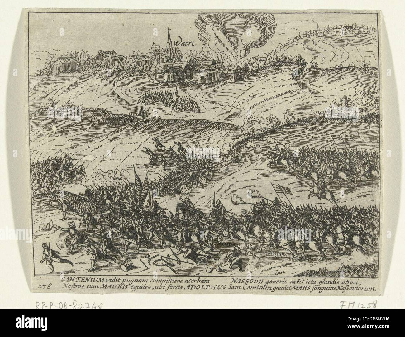 Gevechten bij Xanten en Rheinberg waarbij graaf Adolf van Nassau-Siegen sneuvelt, 1608 Le Battaglie tra gli stati e l'esercito spagnolo a Xanten e Rheinberg con il conte Adolf di Nassau-Siegen sono state uccise, ma l'esercito della Repubblica supera il 19 novembre 1608. Con firma di quattro righe in latino. Numerato: 278. Stampato sul retro con testo in Latijn. Produttore : stampatore: Anonymous location manufacturing: Northern Netherlands Data: 1613 - 1615 caratteristiche Fisiche: Acquaforte materiale: Tecnica della carta: Acquaforte dimensioni: Foglio: H 130 mm × W 160 mmToelicht Foto Stock