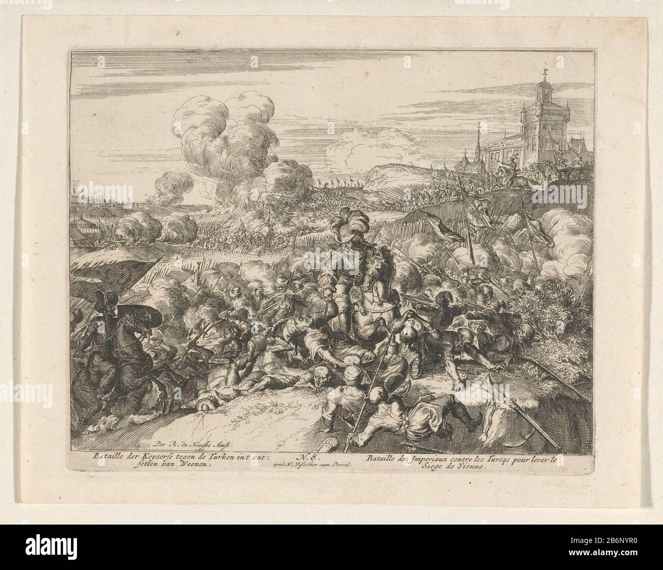 Gevechten tussen Habsburgsers en Turken net buiten Wenen Bataille der Keyserse tegen de Turken int ontsetten van Weenen (titel op Object) combattimenti tra turchi e asburgs Sers appena fuori Vienna. Questa stampa è n° 8 in una serie di stampe di dieci spettacoli sul rilievo di Vienna nel 1683 per 'Relation succinte et veritable de tout ce qui s'est passé controparte le Siege de Vienne ecc.' Produttore :. Printmaker: Romeyn de Hooghe ( listed on object) publisher: Nicolaes Visscher (i) (listed building) fornitore di privilegi sconosciuto (listed property) Luogo manufacture: Amsterdam Data: 1684 P. Foto Stock