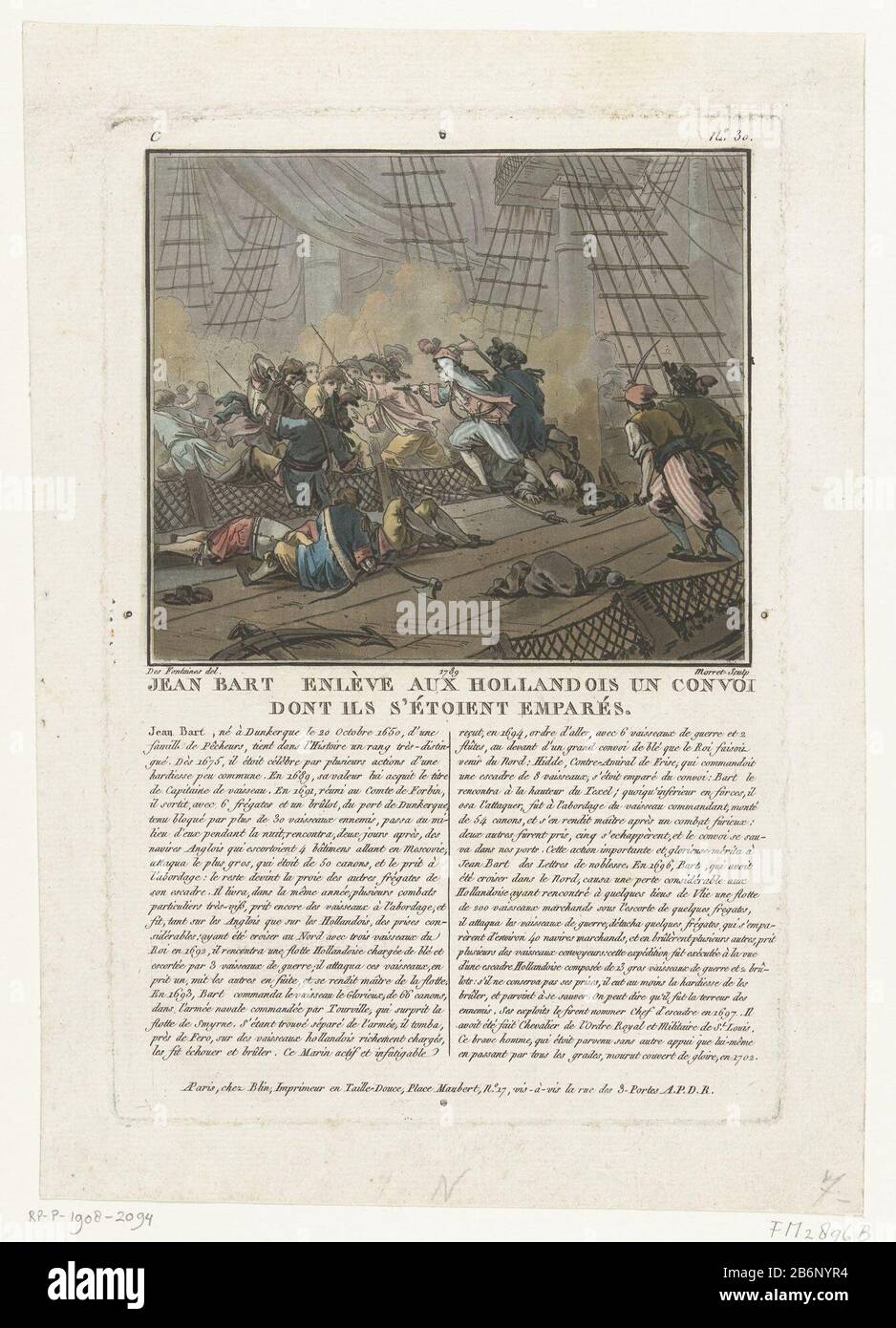 Combattimento tra olandese e francese, 1694Jean Bart Enleve aux Hollandois un convoi dont ils s'étoient emparés (oggetto del titolo) Tipo Di Oggetto: Stampa storia stampa numero Oggetto: RP-P-1908-2094Catalogusreferentie: FMH 2896-BOpmerking: (Numero aggiunto RPK) Descrizione: Battaglia tra uno squadrone olandese sotto Hidde Sjoerd de Vries e le navi francesi sotto Jan Bart nel Mare del Nord, 29 giugno 1694. La Francia bordo di una nave olandese. Con firma in due colonne in francese. Firma in alto a destra: N. 30. Produttore : stampatore: Jean Baptiste Morret (indicato sull'oggetto) a disegno di: Jacques François Joseph Sweb Foto Stock