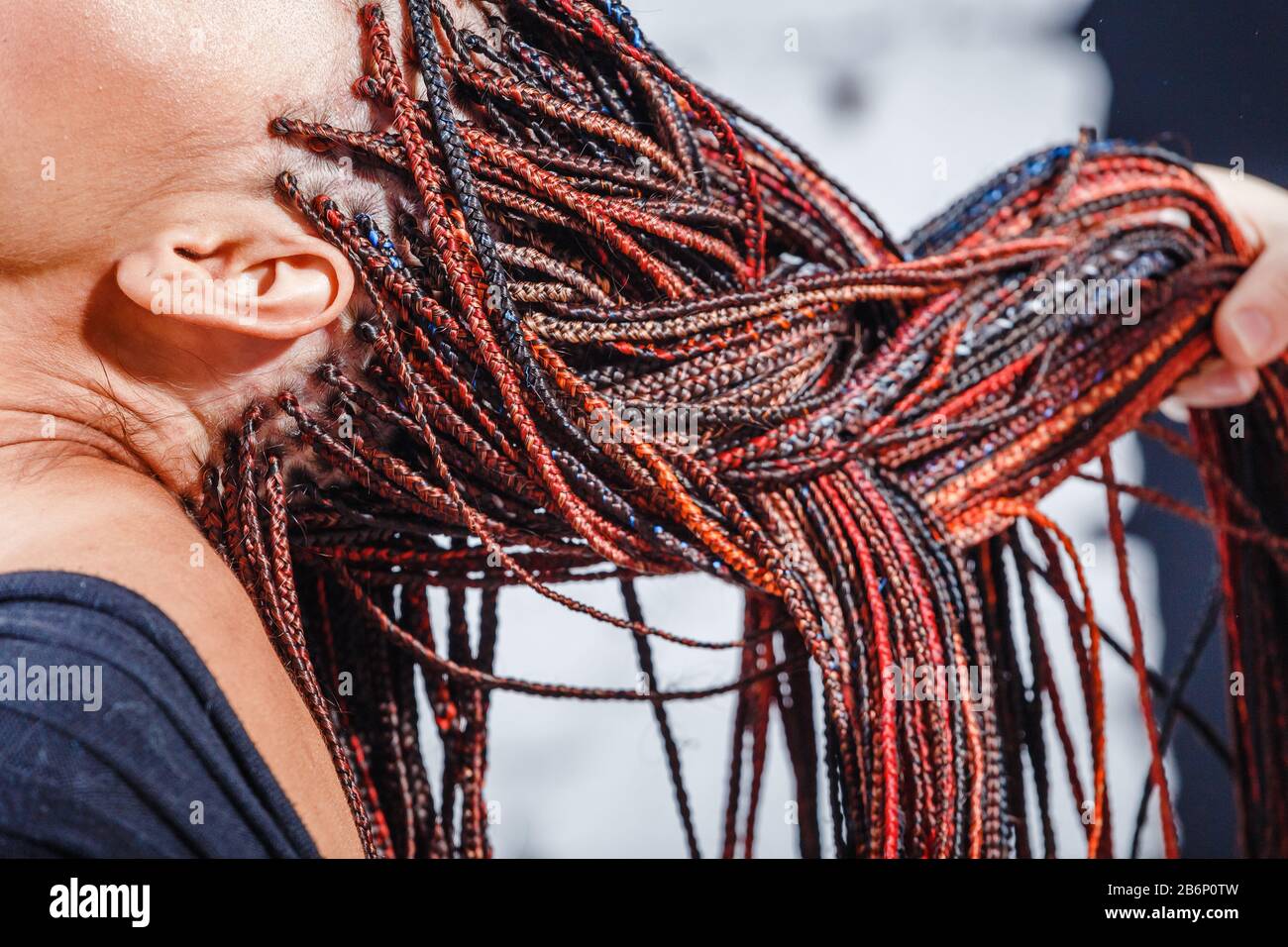 Primo piano di trecce afro in tecnica di ZII e Kanekalon con fili multicolore e temute serrature Foto Stock