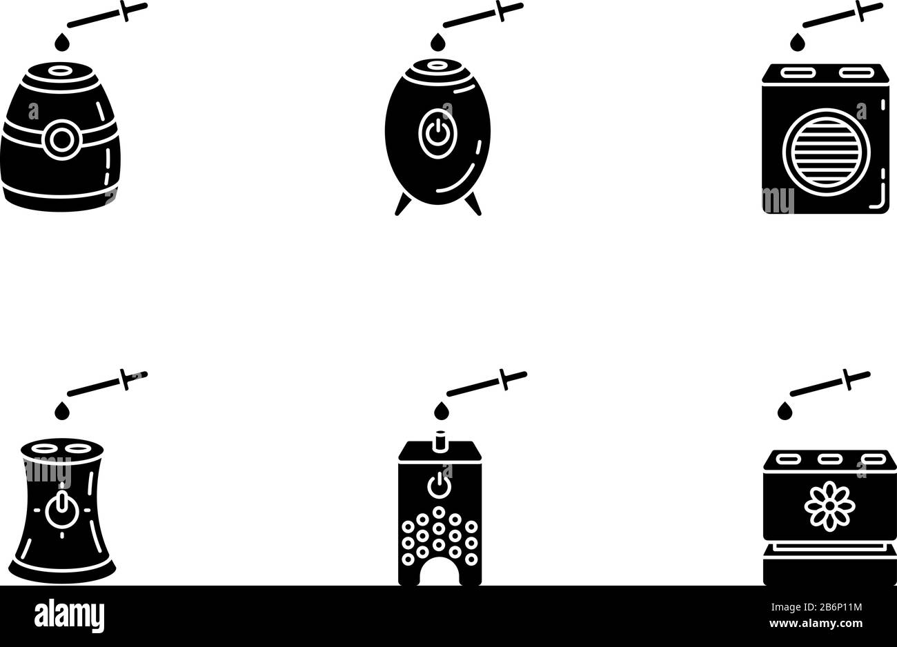 Purificatori d'aria con oli icone glyph nero impostato su spazio bianco. Dispositivi per il clima, fragranze d'aria, umidificatori, elettrodomestici, regolatori di umidità Illustrazione Vettoriale