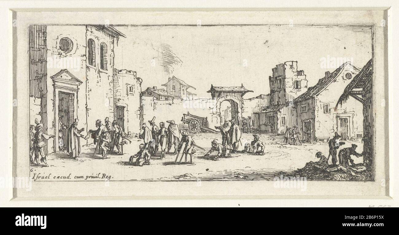 Gewonden bij een ziekenhuis Misere de la guerre (seriettel) De gruwelen van de oorlog (klein) (serietitel) si ergono sulla piazza e giù diversi feriti - vittime di guerra - ad attendere all'ingresso di un ospedale. La destra tiene una mano mentale di un uomo morente. Questa stampa fa parte di una serie di sei (sette tra cui frontespiece.) piccole stampe con rappresentazioni di diversi tipi di guerra di miseria stessa meebrengt. Produttore : stampatore Jacques Callotnaar proprio disegno: Jacques Callotuitgever Israele Henriet (proprietà quotata) fornitore di privilegio: Louis XIII (re di Francia) (edificio elencato) Luogo m Foto Stock