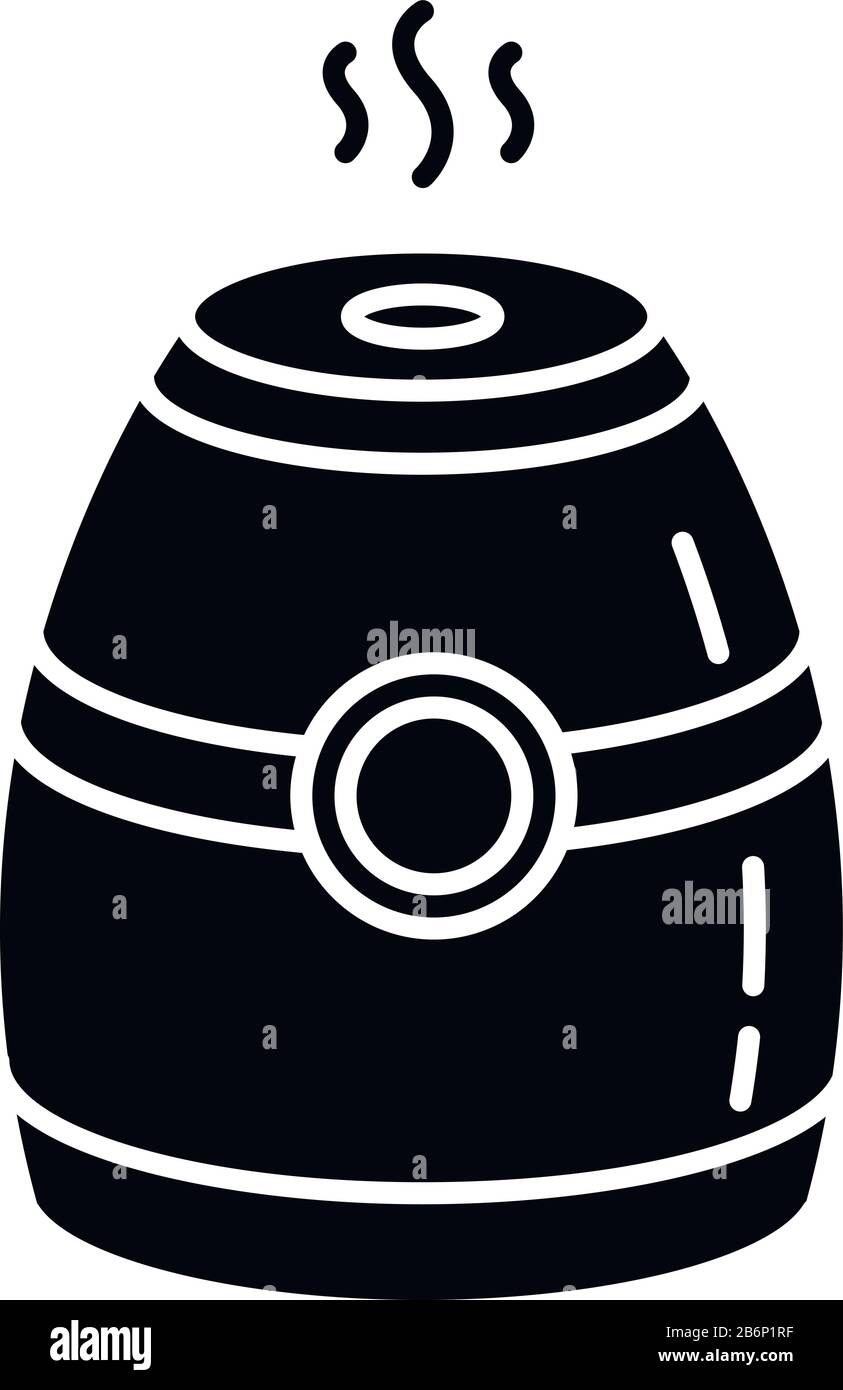 Icona glifo nero dell'umidificatore a vapore. Purificatore d'aria portatile, diffusore d'olio. Apparecchio elettrico, apparecchiatura di regolazione dell'umidità. Simbolo di silhouette acceso Illustrazione Vettoriale