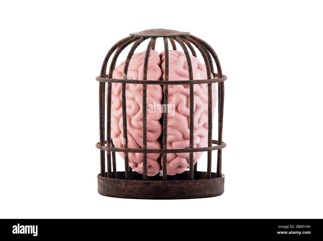Cervello umano intrappolato in vecchia gabbia arrugginita isolato su bianco. Libera il tuo concetto di mente. Foto Stock