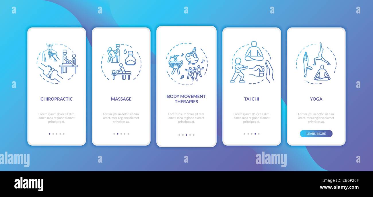 Medicina complementare onboarding mobile pagina di app con concetti. Procedure terapeutiche alternative consentono di visualizzare cinque istruzioni grafiche in cinque fasi Illustrazione Vettoriale