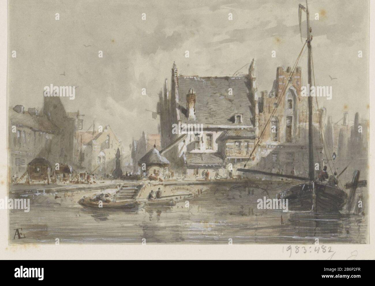 Gezicht in Brugge Drawing fa parte di un album. Produttore : artista: Adrianus Eversen (firmato da solo) Luogo di produzione: Brugge Data: 1828 - 1897 caratteristiche Fisiche: Penna in marrone, pennello in rosso, grigio e marrone aumentato con corpo bianco e matita materiale: Carta inchiostro acquerello corpo colore matita Tecnica: Penna / pennello dimensioni: H 98 mm × W 141 mm Oggetto: Vista sulla città e paesaggio con costruzioni artificiali (+ città (-paesaggio) con figure, personale) canali, acqua (in città) barca a vela, barca a vela dove: Approvvigionamento e Bruges diritto Foto Stock