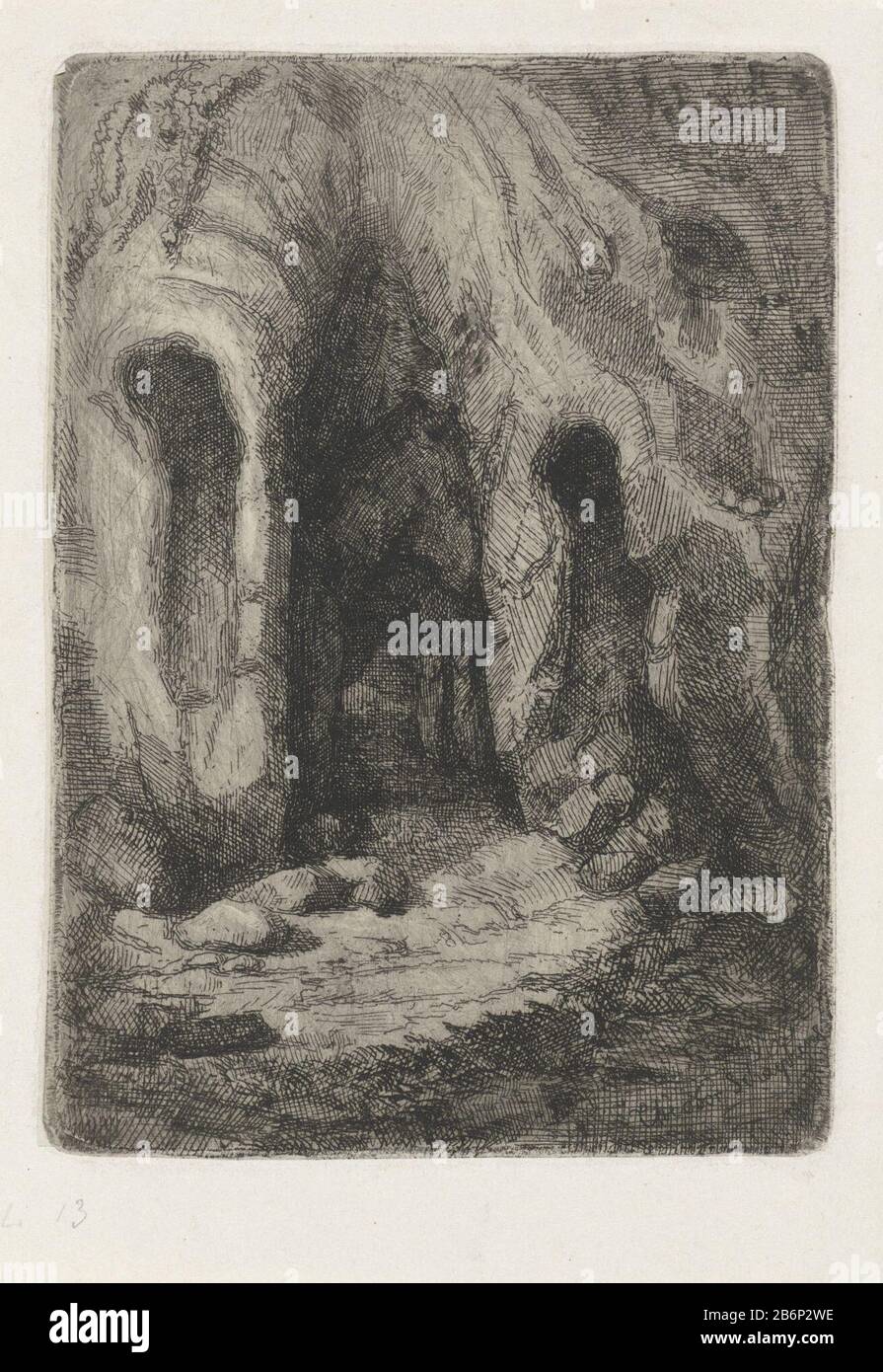 Gezicht in een grot Face in a caverna tipo di oggetto: Immagine numero articolo: RP-P-1888-A-13280Catalogusreferentie: Hippert & Linnig 13-2 (2) Marchi / marchi: Collector's mark, vero, stampato: Lugt 2228 fabbricante : stampatore Theoporta Schaepkens ( indicato sull'oggetto) Data: 1825 - 1883 caratteristiche Fisiche: Acquaforte materiale: Carta collé Tecnica: Dimensioni attacco: Bordo piastra: H 141 mm × W 101 mm Oggetto: Grotta, grotta Foto Stock