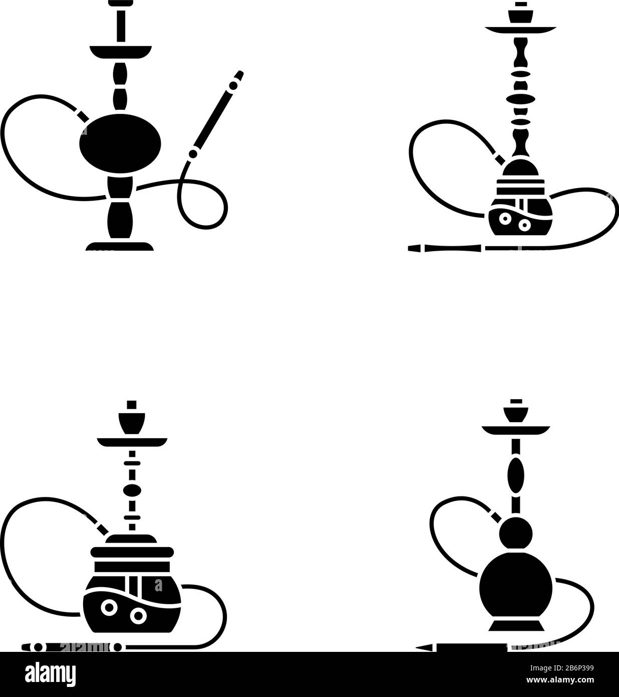 Icone di glifo nero di hookah impostate sullo spazio bianco. Bar Hooka per il piacere tranquillo. Casa sheesha. Lounge Nargile. Odore dal tubo. Profumo di vaporizzazione Illustrazione Vettoriale