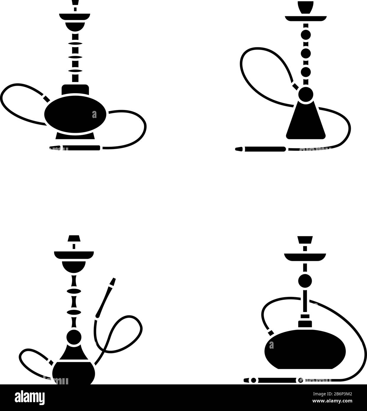 Icone di glifo nero di hookah impostate sullo spazio bianco. Divertimento con gli amici. Casa sheesha. Lounge Nargile. Odore dal tubo. Profumo di vaporizzazione. Area fumatori Illustrazione Vettoriale