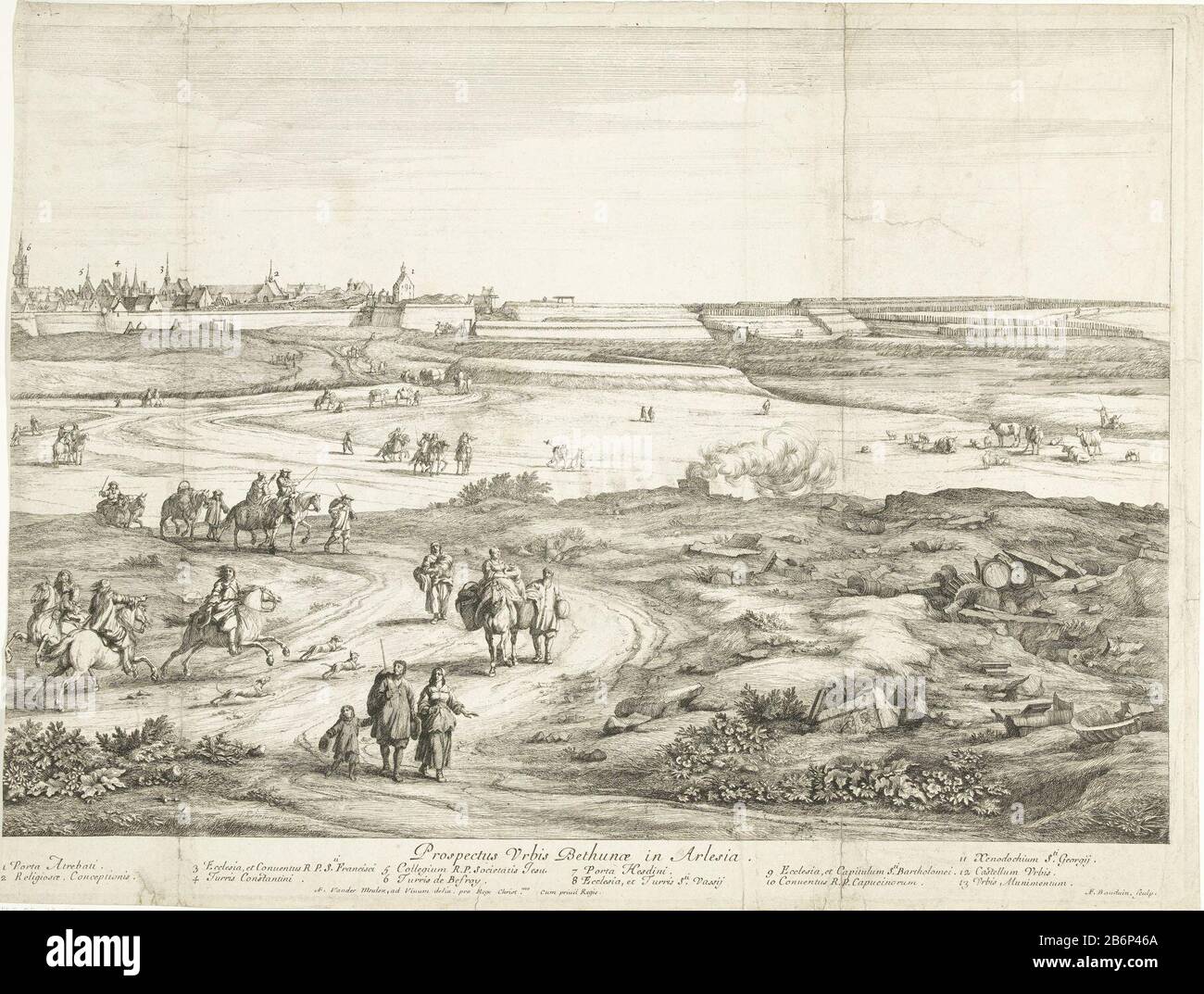 Vista sulla città di Bethune, completamente a sinistra il campanello. In primo piano i viaggiatori sulla loro strada per il cancello. Nei residui della strada di geboouwen antico. Produttore : print maker: Adriaen French Boudewyns (indicato sull'oggetto) to drawing of: Adam Frans van der Meulen (indicato sull'oggetto) publisher: Adam Frans van der Meulen (indicato sull'oggetto) fornitore di privilegi: Louis XIV (re di Francia) (edificio elencato) Fabbricazione Del Luogo: Parigi Data: 1666 - 1681 caratteristiche Fisiche: Incisione e engra materiale: Carta Tecnica: Incisione / engra (processo di stampa) dimensioni: Bordo lastra: H 505 mm × W 6 Foto Stock